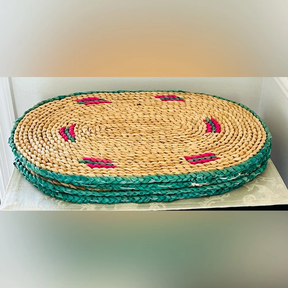 Vintage Handwoven Wicker Paper Plate Holders & Watermelon Placemats Set of 8